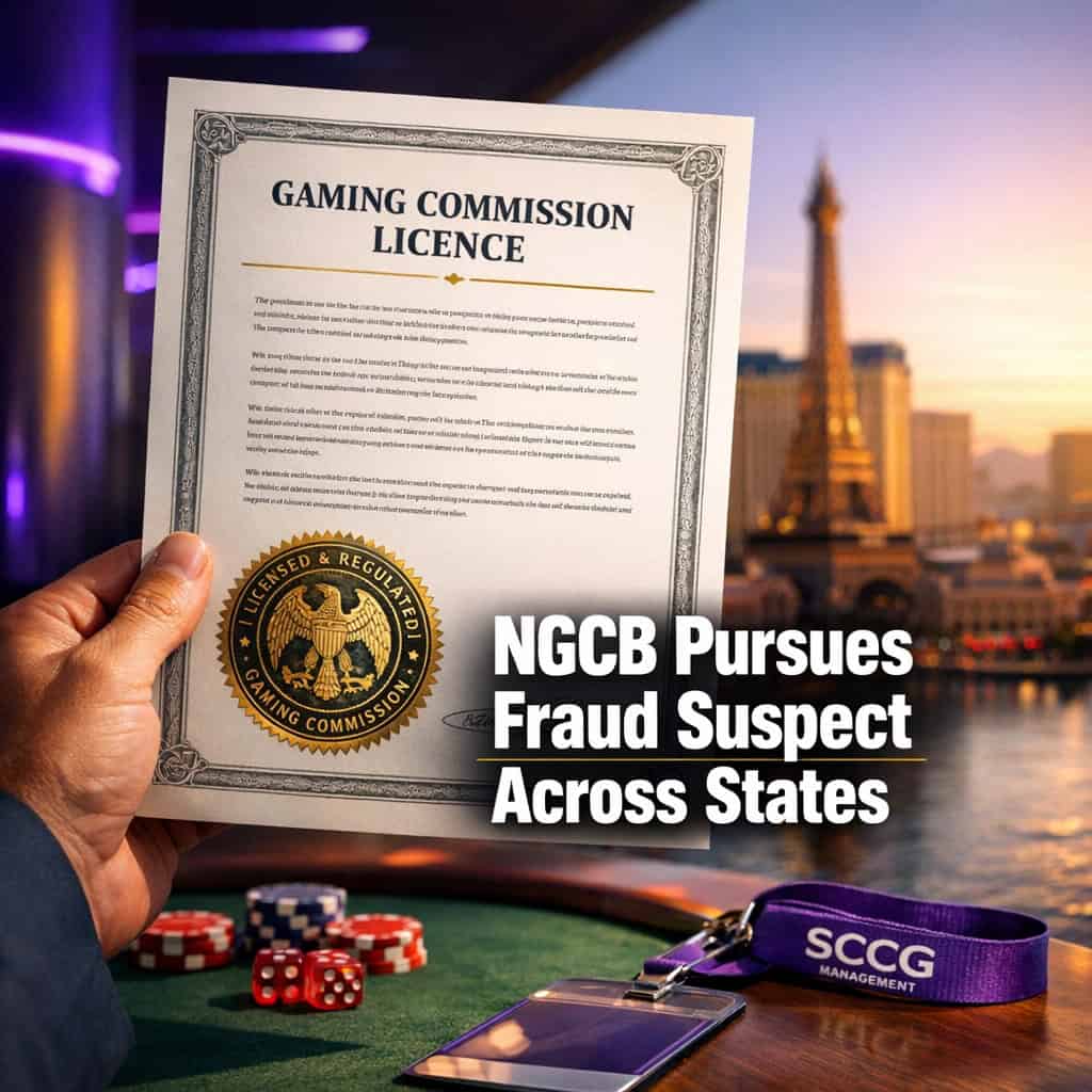 Nevada Gaming Control Board exclusion certificate held in bright daylight, emphasizing the regulatory document central to cross-state fraud enforcement.