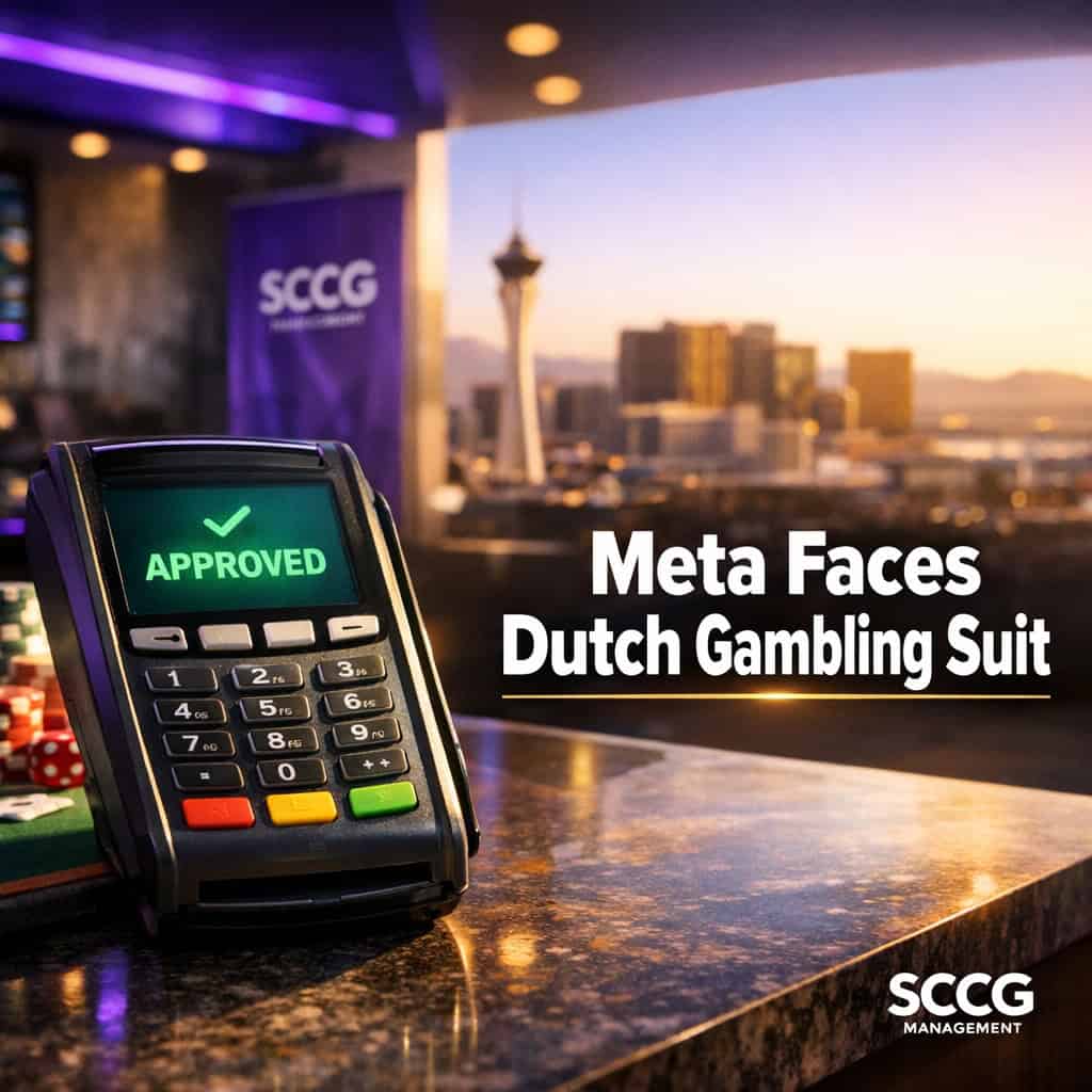 Close-up of a card-payment terminal at a sportsbook counter displaying an approved transaction screen in bright daylight.