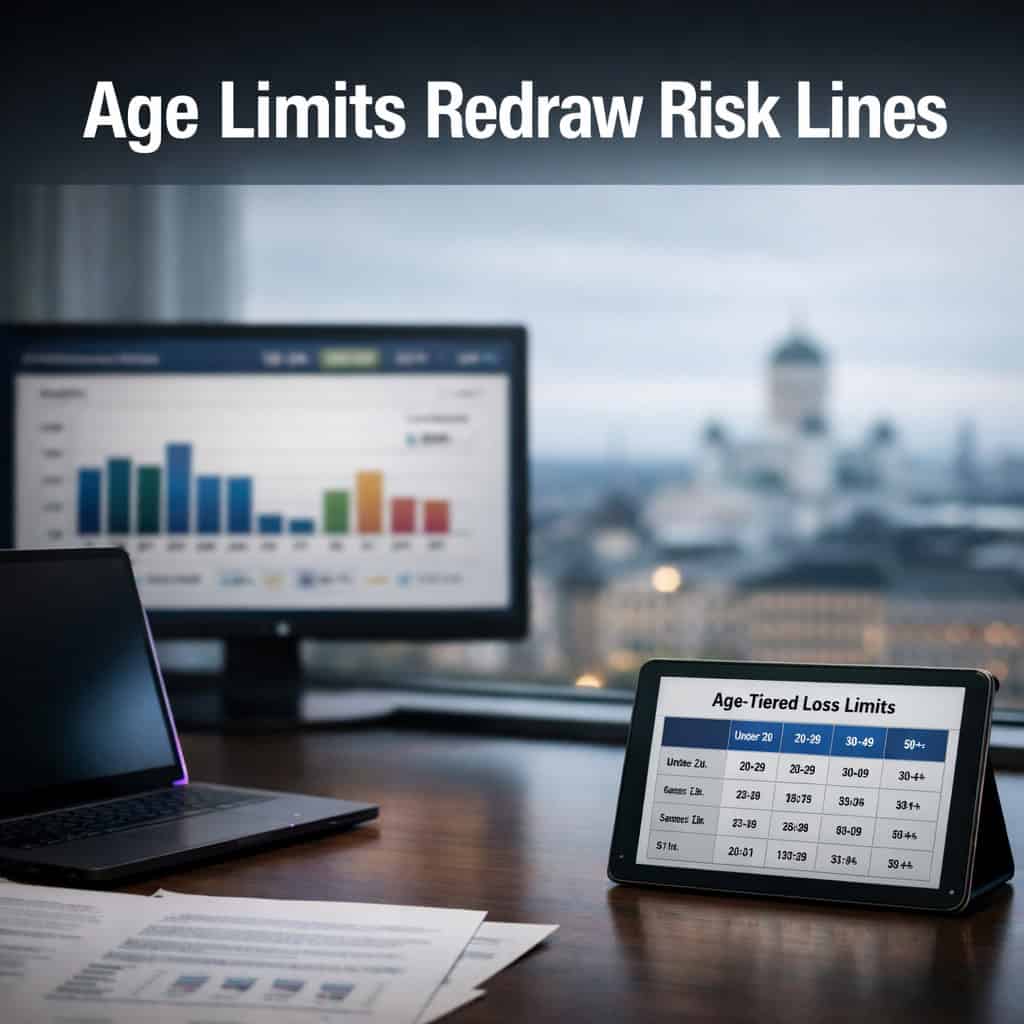 Close-up of regulatory documents and digital screens displaying age-based gambling loss limits in a modern Finnish office setting.