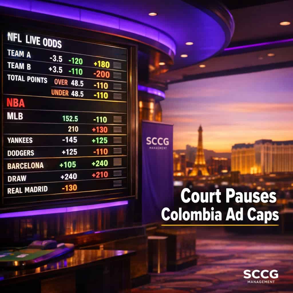 A glowing digital odds board on a busy casino floor displays live betting markets under bright directional light.