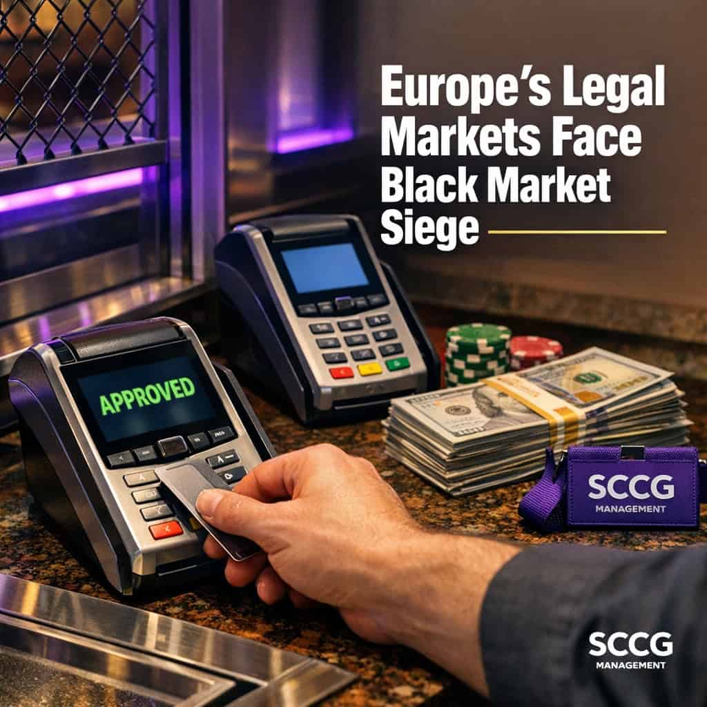 A casino payment terminal screen displays "approved" during a live card transaction at the cage counter.