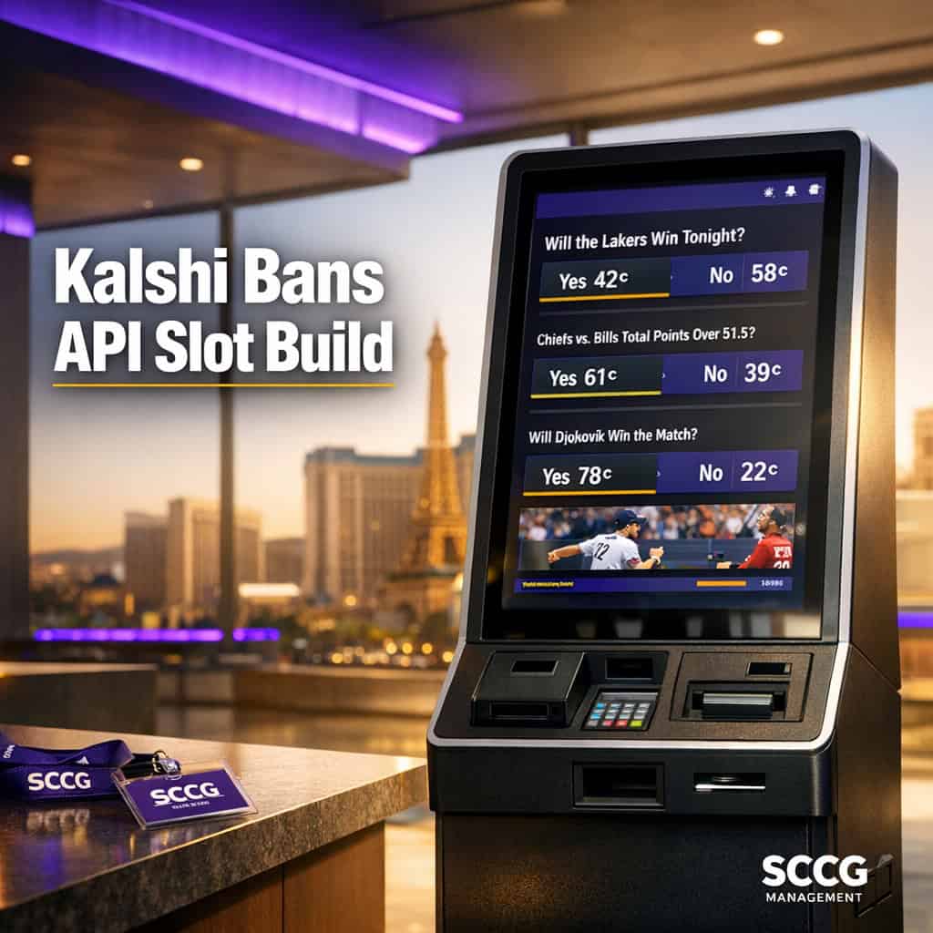 A self-service betting terminal screen displays live Kalshi prediction markets with sports event contracts on a bright concourse.