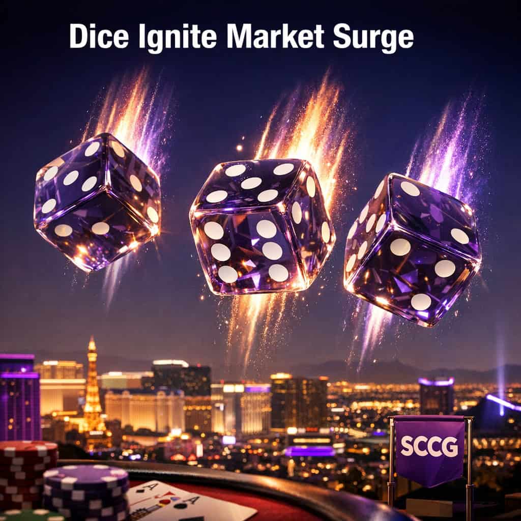 Massive glowing dice suspended above a sprawling nighttime city skyline, trails of light streaking like rockets as they tumble through the air.