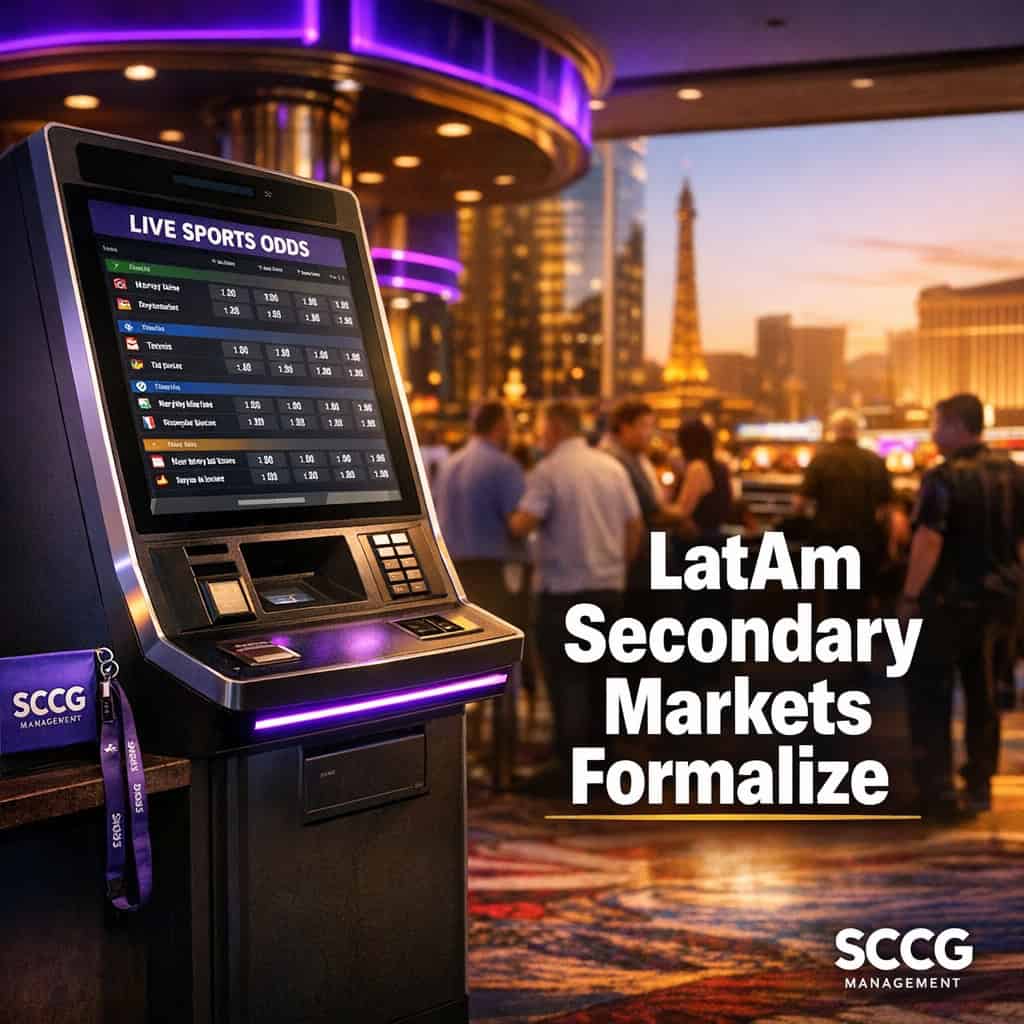 A self-service betting kiosk displaying live sports odds on a sunlit casino concourse.