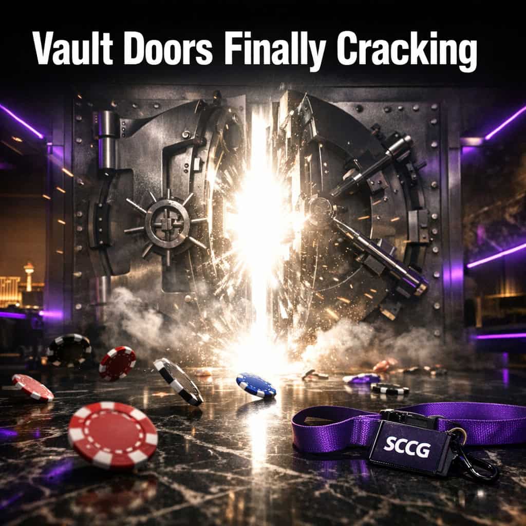 Massive iron vault door cracked open with brilliant white light bursting through onto a dark marble floor scattered with poker chips.
