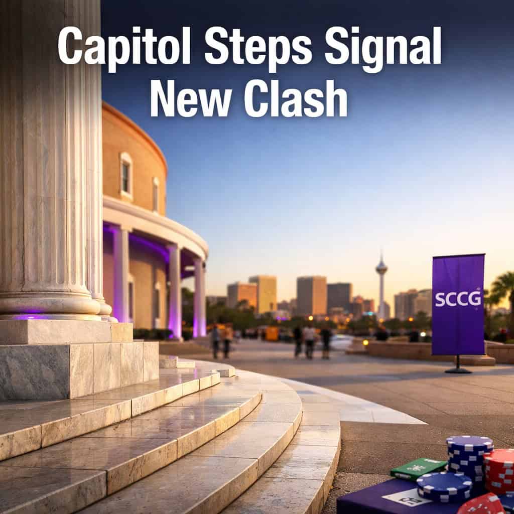 New Mexico state capitol building with marble columns and morning light under a clear sky.