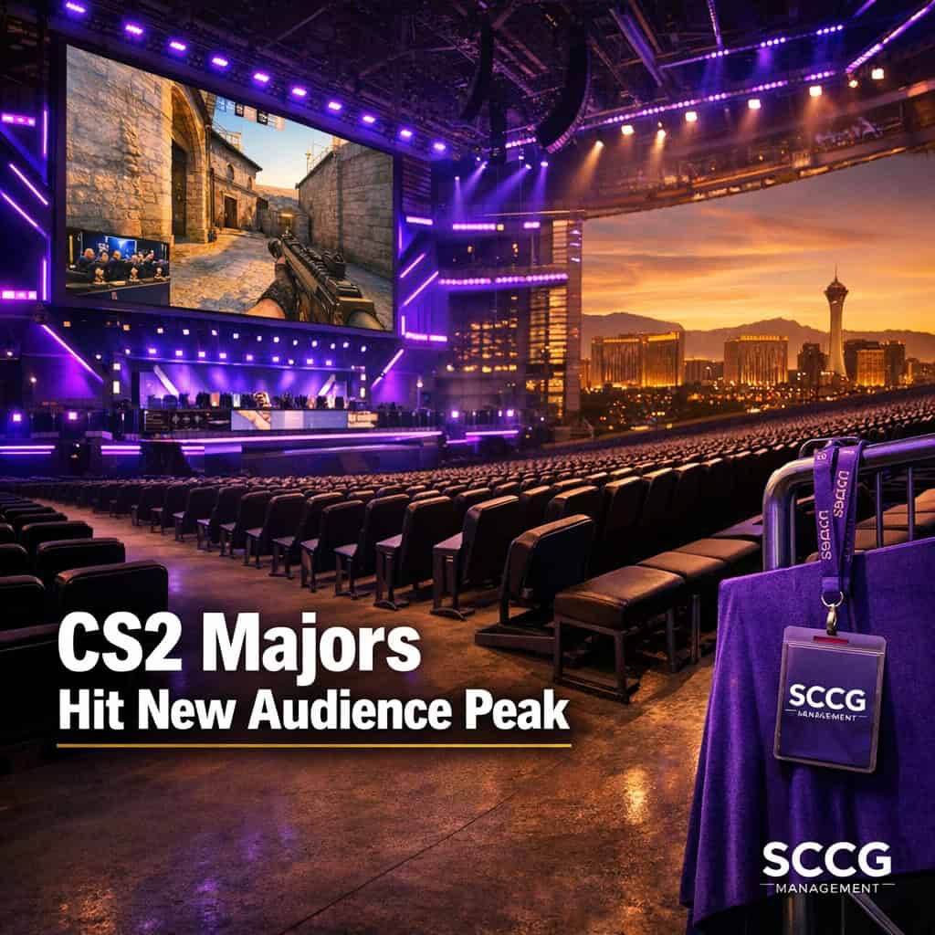 Empty rows of seats lead the eye to a massive arena screen displaying live CS2 gameplay under bright stadium lights at a record-breaking Major event.