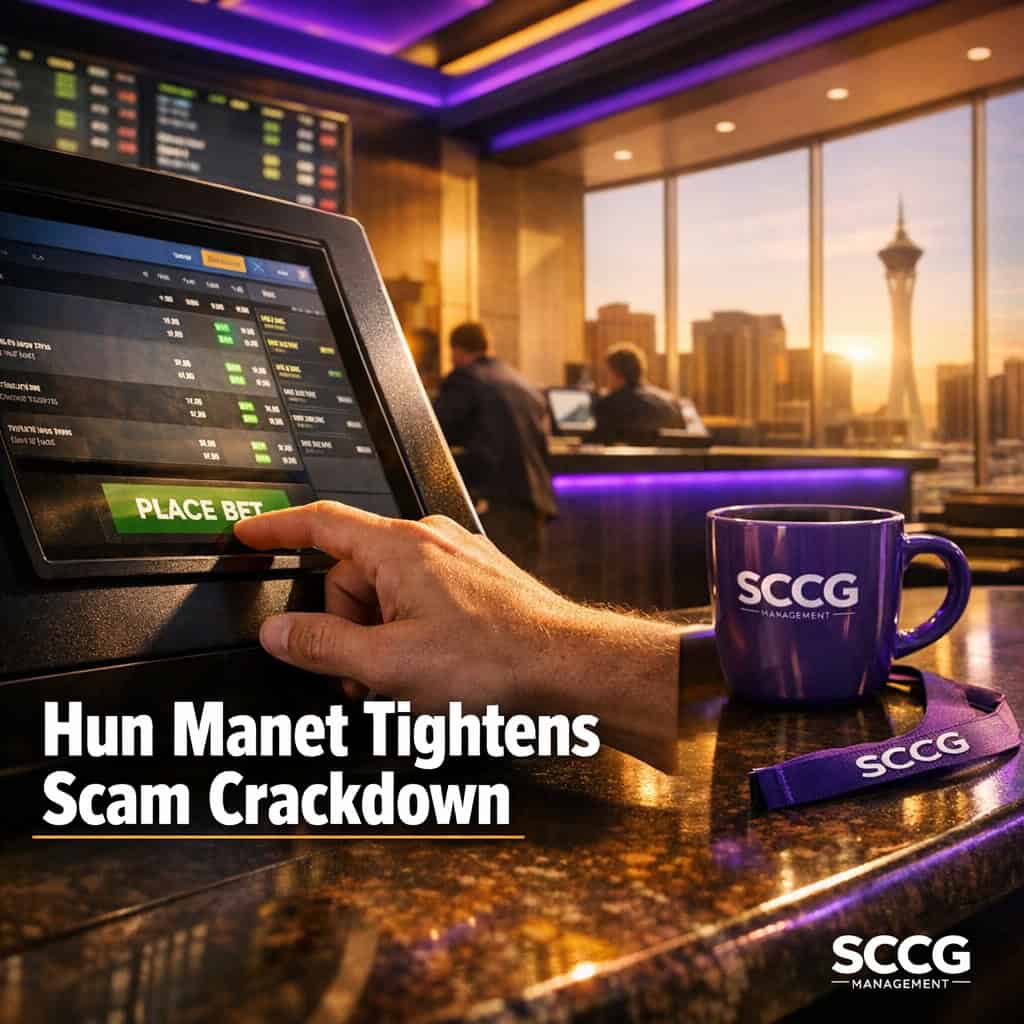 A hand places a live bet at a brightly lit self-service terminal on an active casino sportsbook counter.