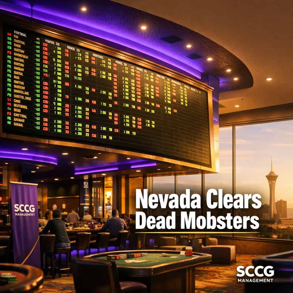 A large illuminated sportsbook odds board showing live betting lines above a casino floor under bright directional light.