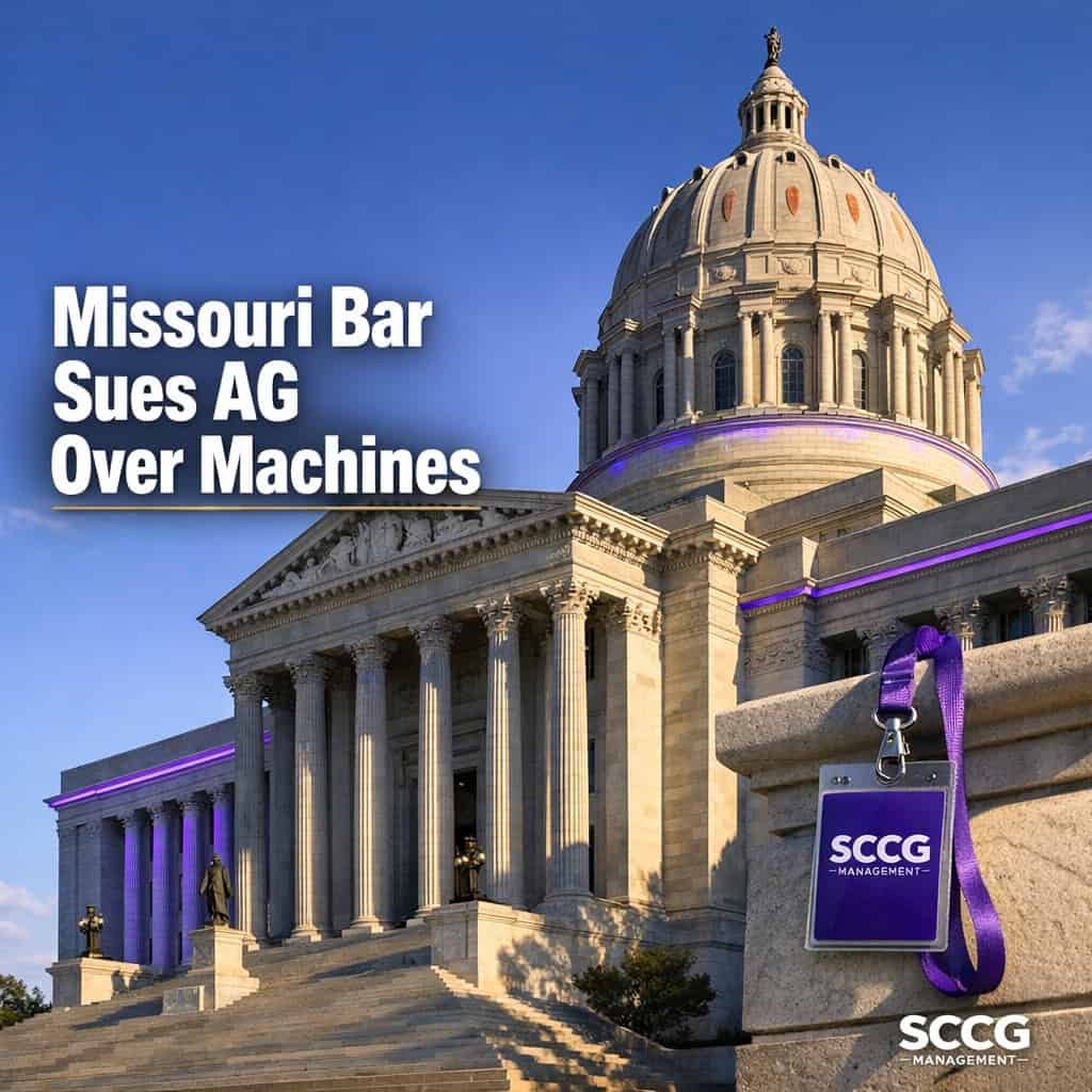 Missouri state capitol building facade under bright daylight with clear sky on the left.