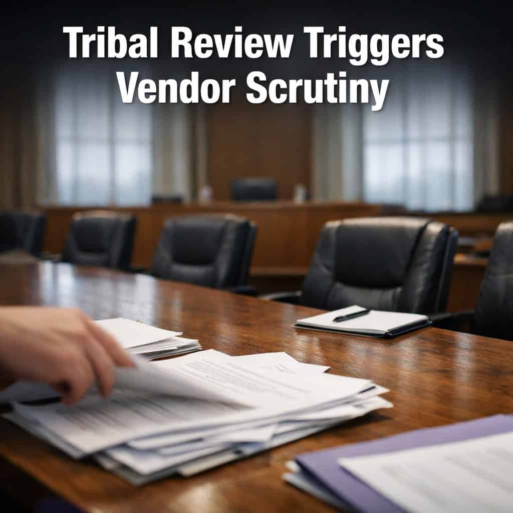 Tribal gaming commission hearing room with documents spread across a long table under overcast daylight.