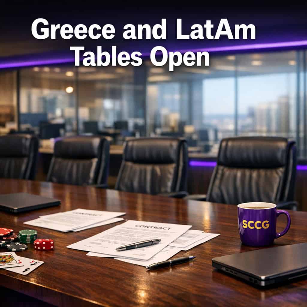 Empty modern conference table with documents and pens arranged for a partnership signing in a bright boardroom.