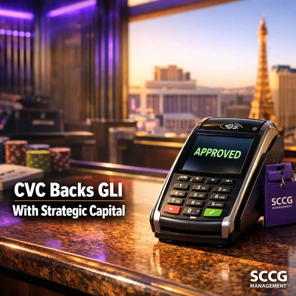 Card-payment terminal on a casino cage counter displays 'APPROVED' under bright directional light.