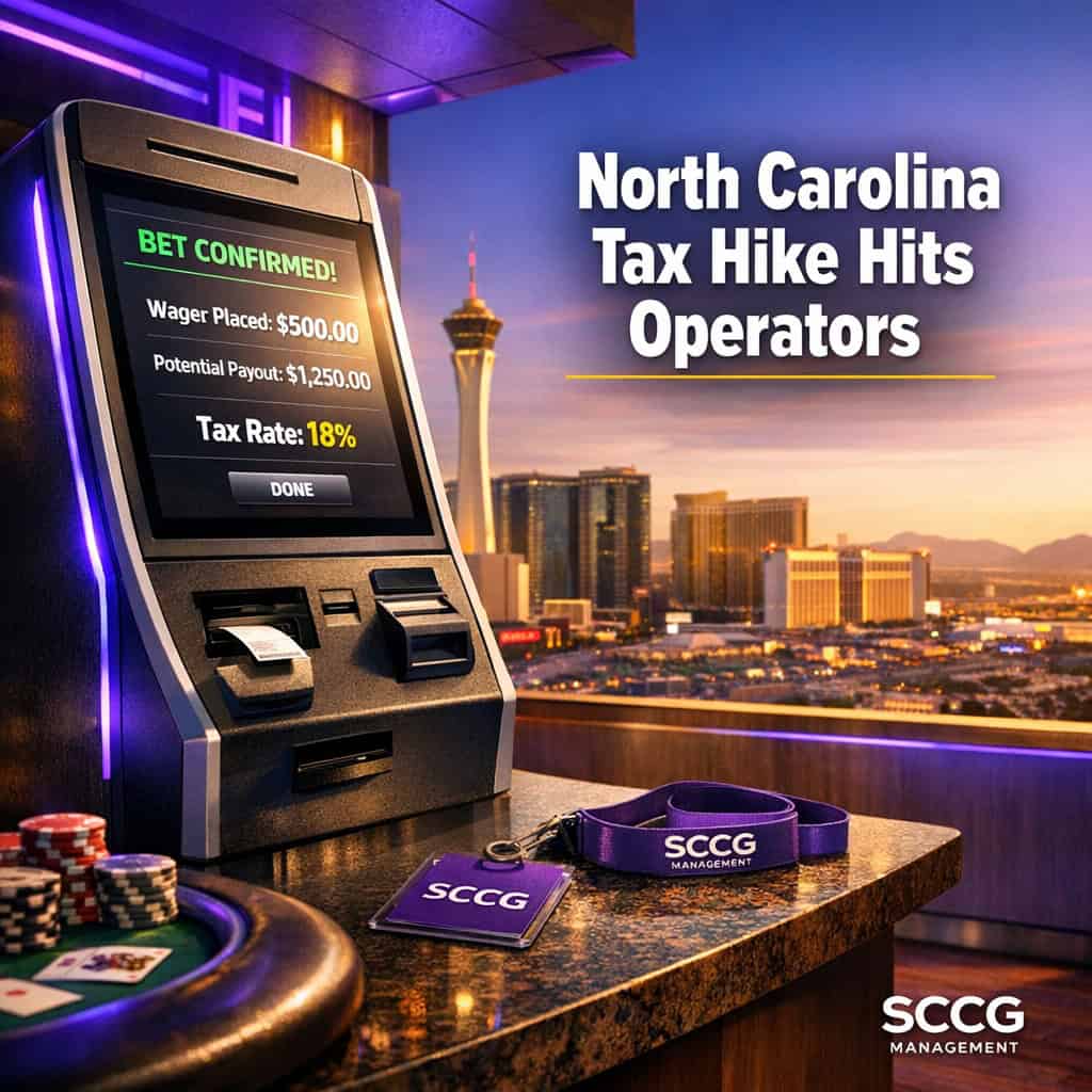 Self-service sports betting terminal on a sunlit concourse displays a live wager confirmation highlighting the proposed tax rate increase.