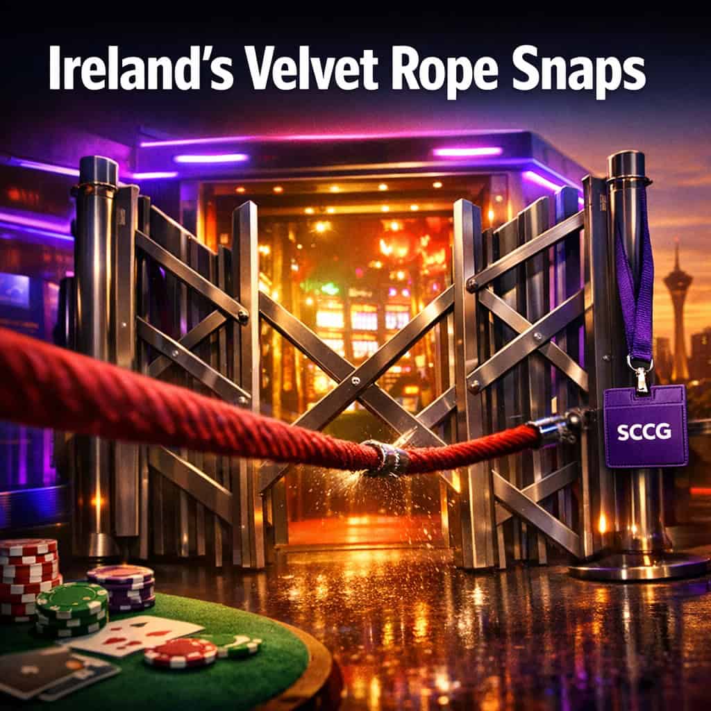 A velvet rope snaps across a glowing digital casino doorway as regulatory barriers rise around the entrance.