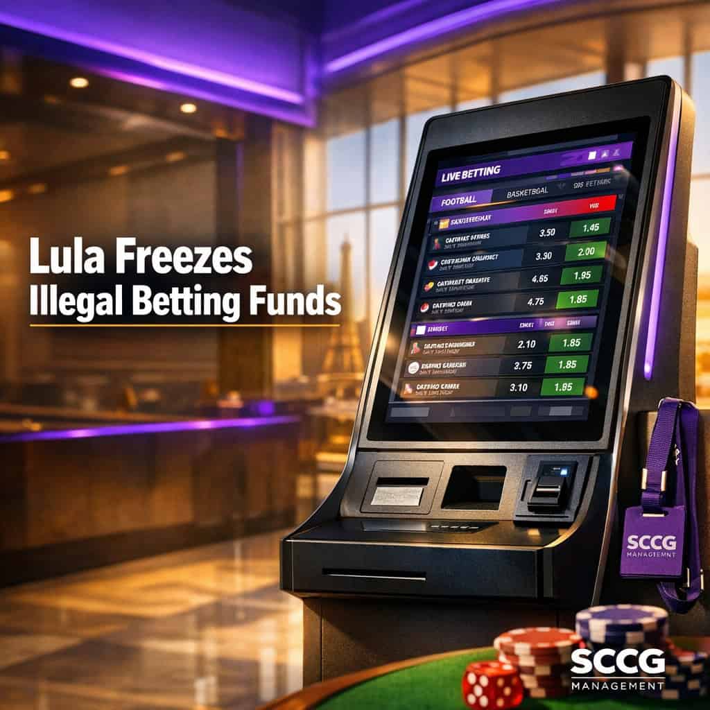 Self-service betting kiosk terminal on a bright concourse showing a live fixed-odds betting interface under strong directional daylight.