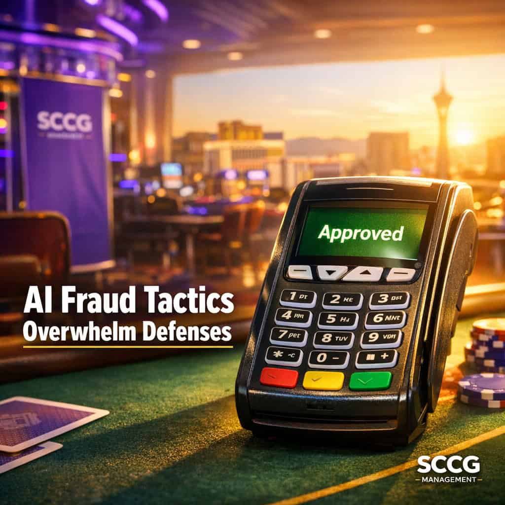 A casino card-payment terminal screen shows an approved transaction under bright directional light.