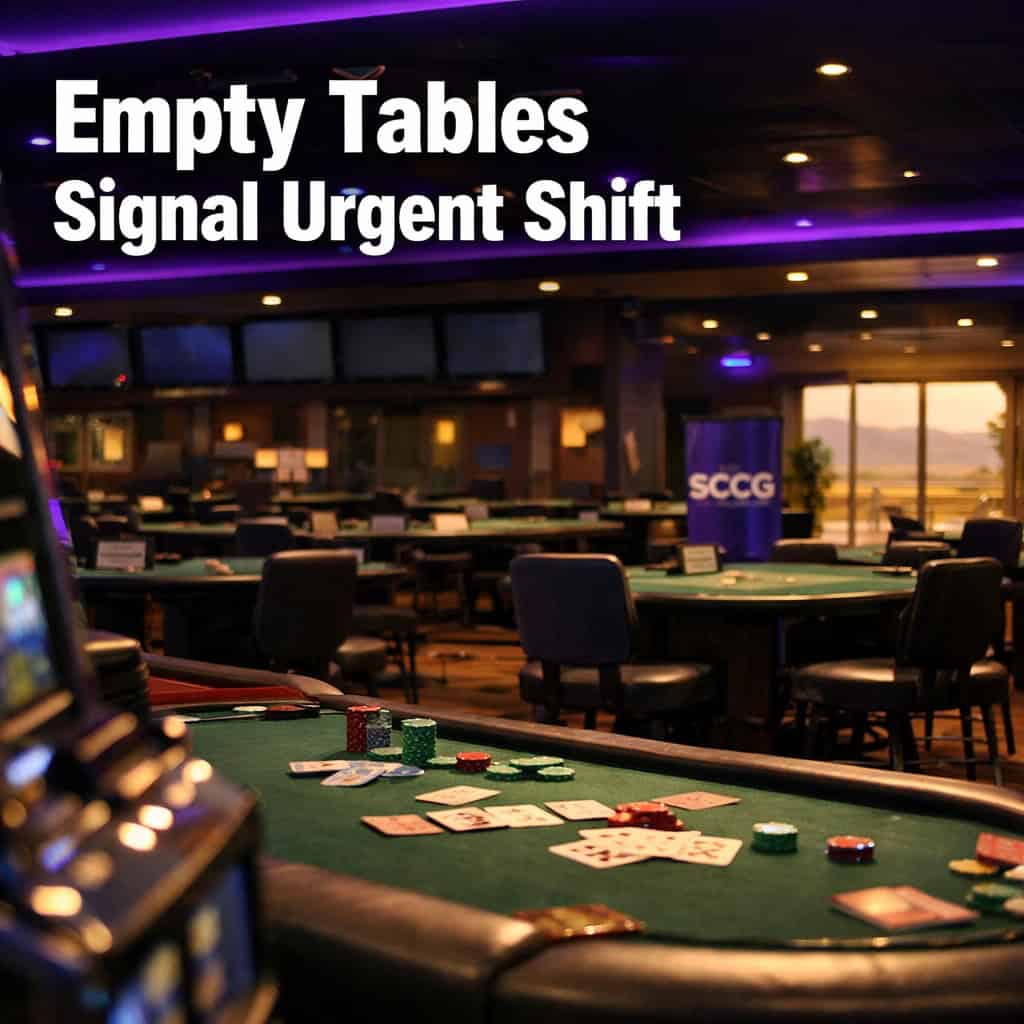 Deserted casino floor at Primm Valley Resort with empty gaming tables and slot machines under dimmed lights near the California-Nevada border.