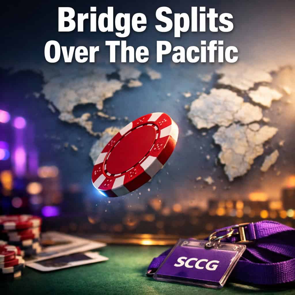 A single red casino chip tumbling through mid-air above a fractured map of the Pacific, pieces drifting apart under stark spotlight.
