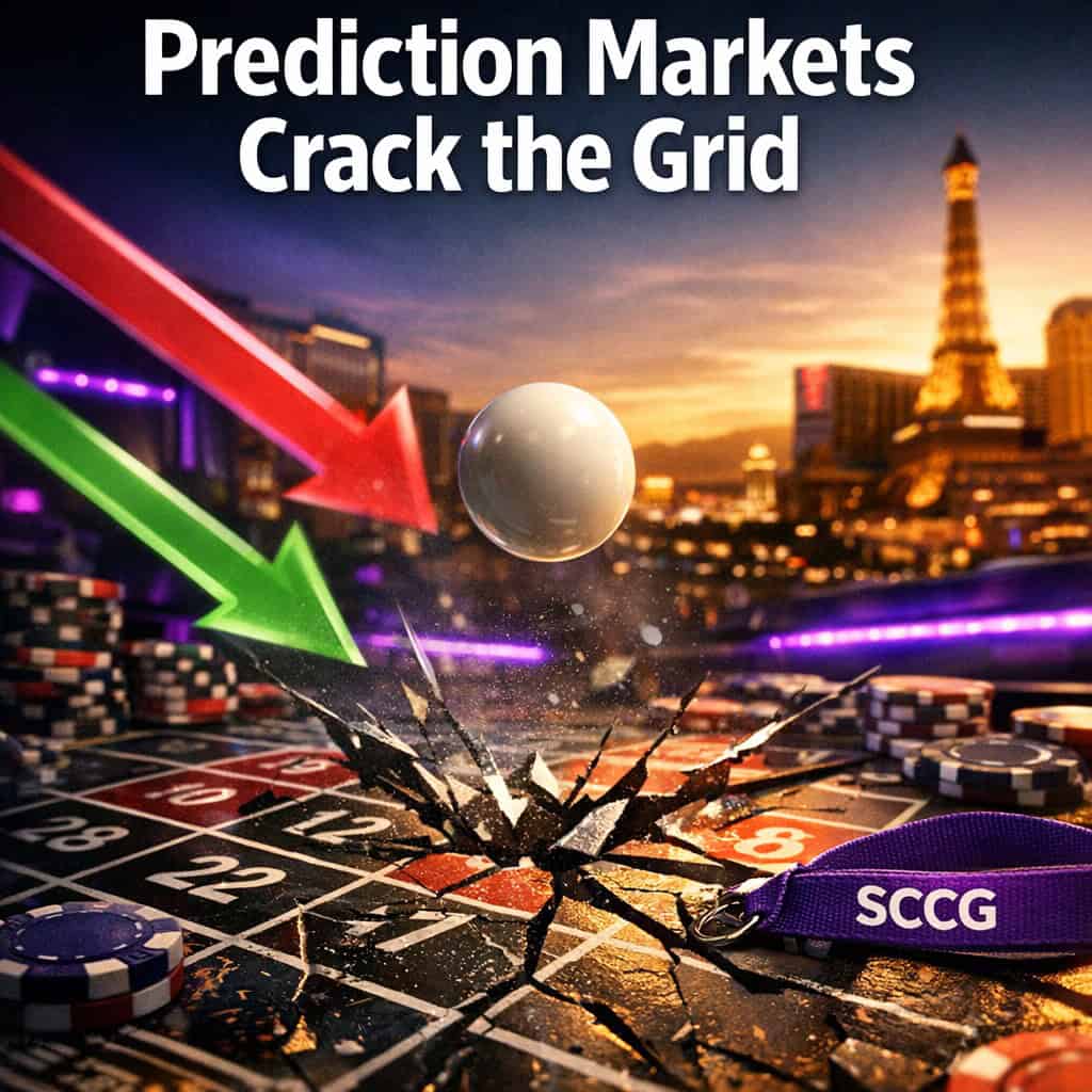 A roulette ball suspended mid-flight above a fractured sportsbook grid with prediction-market arrows slicing through the surface.
