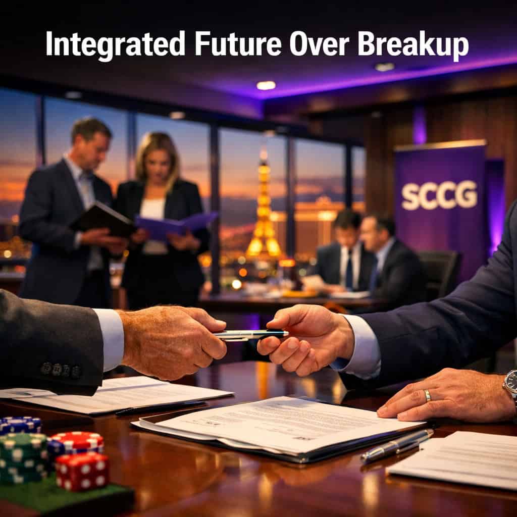 Glass-walled boardroom where two executives lean across a long table during a post-acquisition signing ceremony with documents and pens visible.