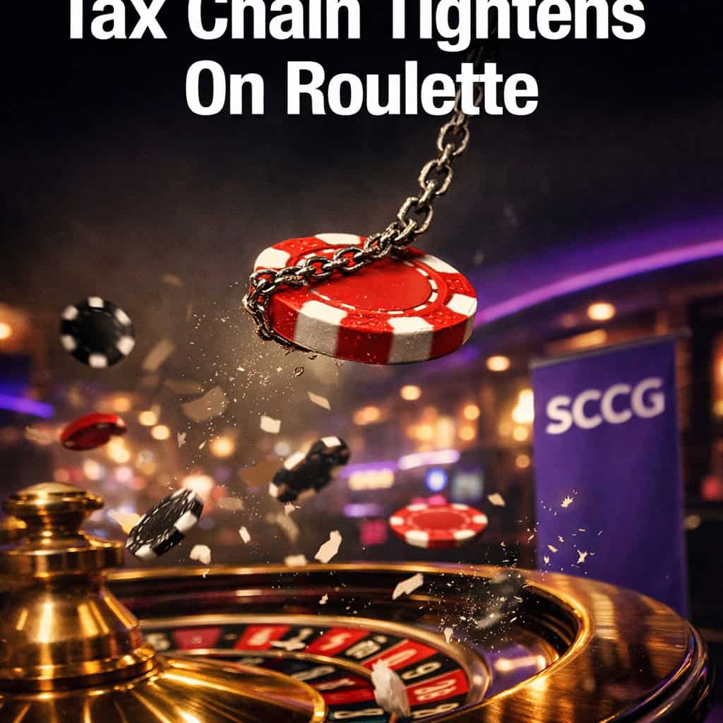 A roulette wheel spins violently as one chip is yanked away by a tightening tax chain against a blurred casino floor.