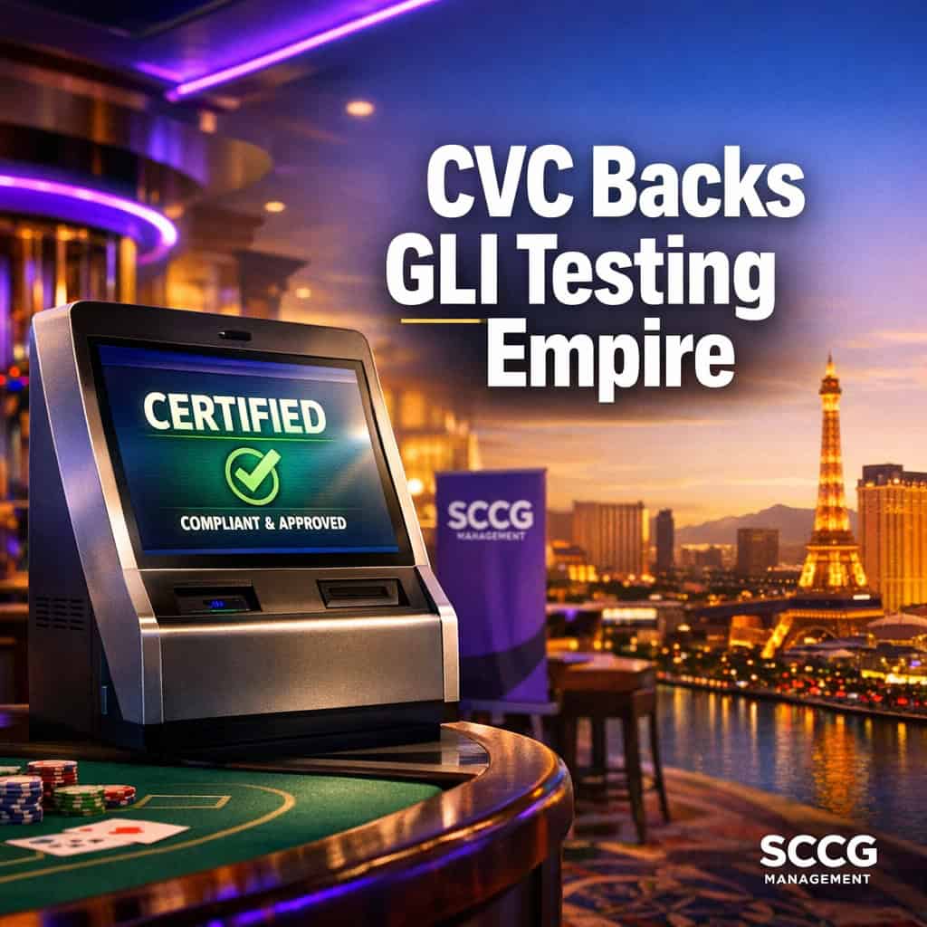 A compliance-testing terminal on a casino floor displays certification status under bright directional light.