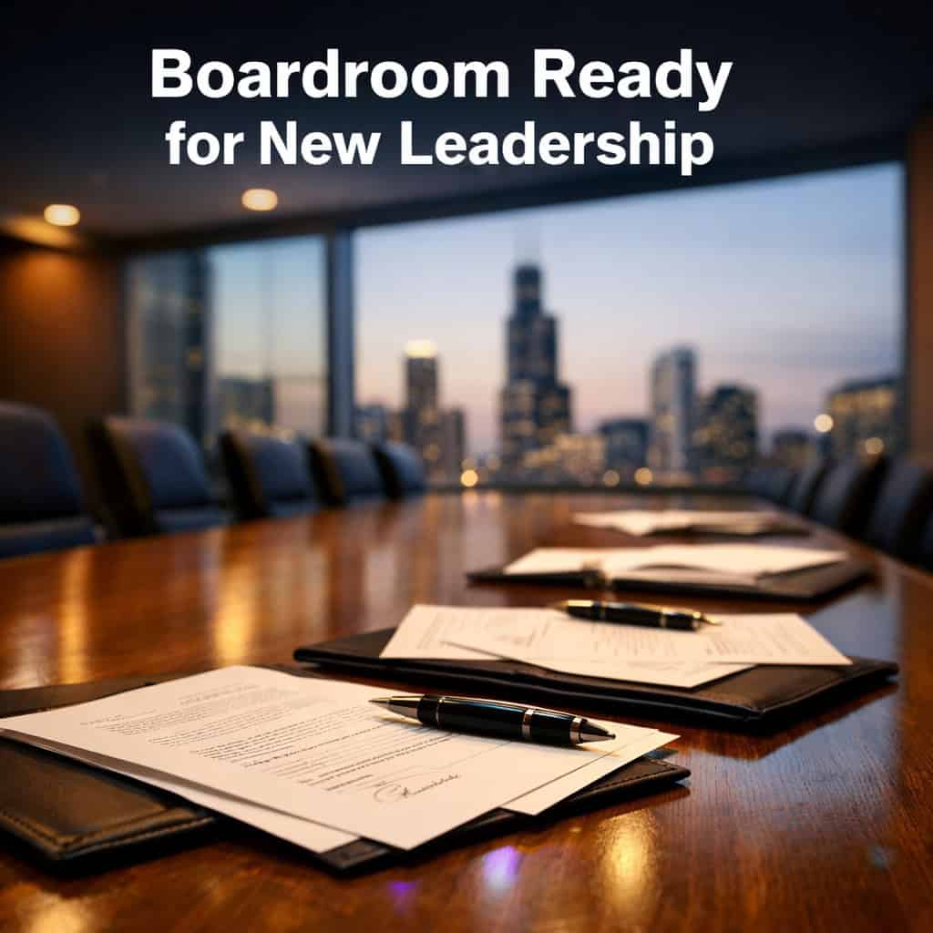 Empty polished oak boardroom table with open leather folders, pens, and papers under warm directional lighting, large window revealing Chicago skyline.