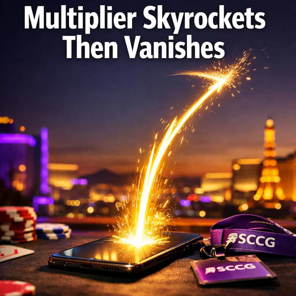 A glowing multiplier curve erupts from a smartphone screen like a rocket trail against a blurred city skyline at dusk.