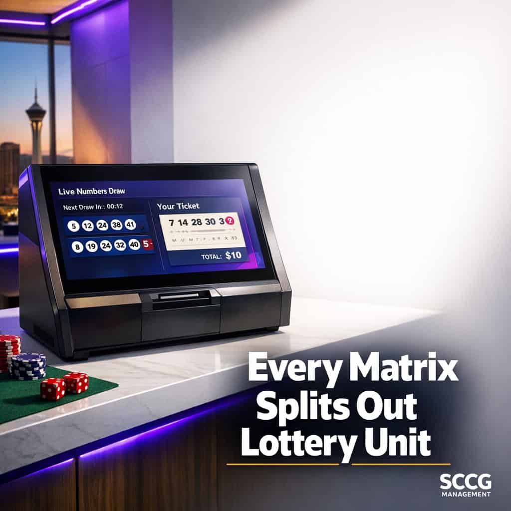 Modern lottery terminal screen shows an active numbers-game ticket selection in bright studio light.