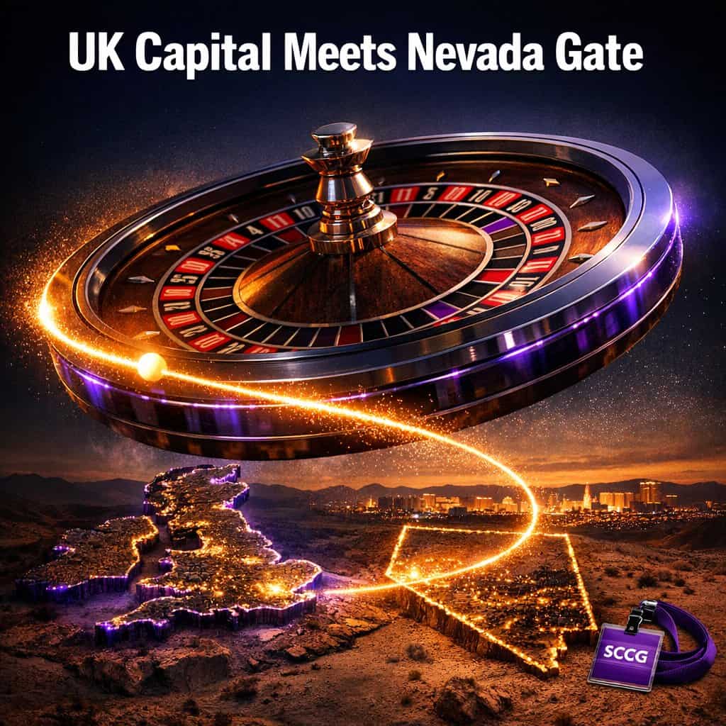 A massive roulette wheel spins with a single glowing ball tracing a path across a stylized map of Nevada and the UK.