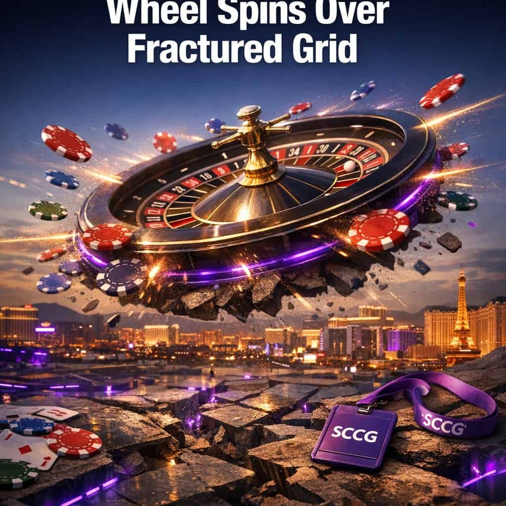 A roulette wheel suspended mid-spin over a fractured city grid, with glowing betting chips scattering outward like sparks.