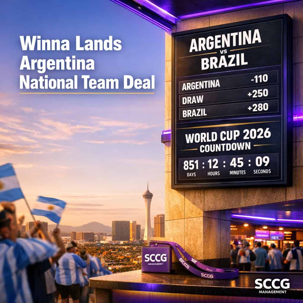 Brightly lit stadium concourse displaying a large digital odds board with Argentina national team match odds and a World Cup 2026 countdown amid blurred fans with flags.
