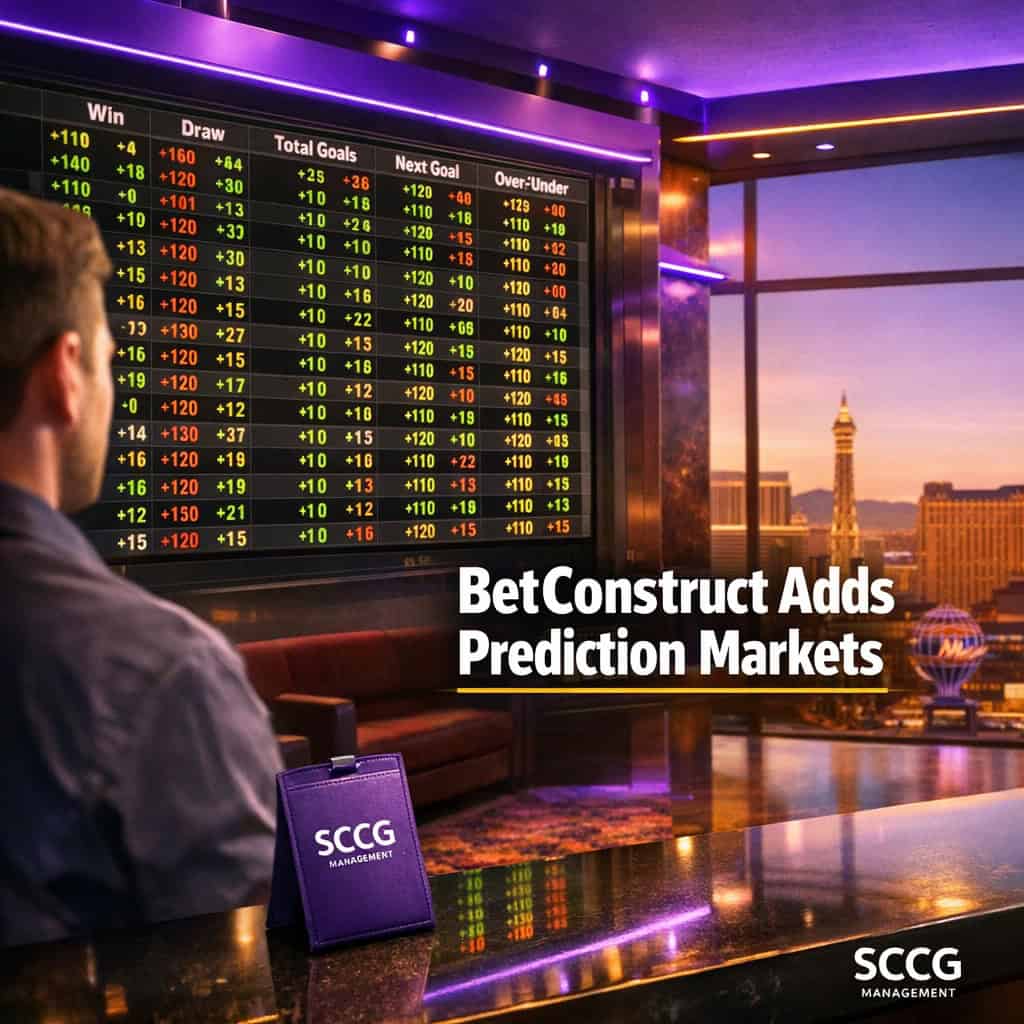A large glowing sportsbook odds board shows live prediction market lines updating during a soccer tournament under bright daylight.