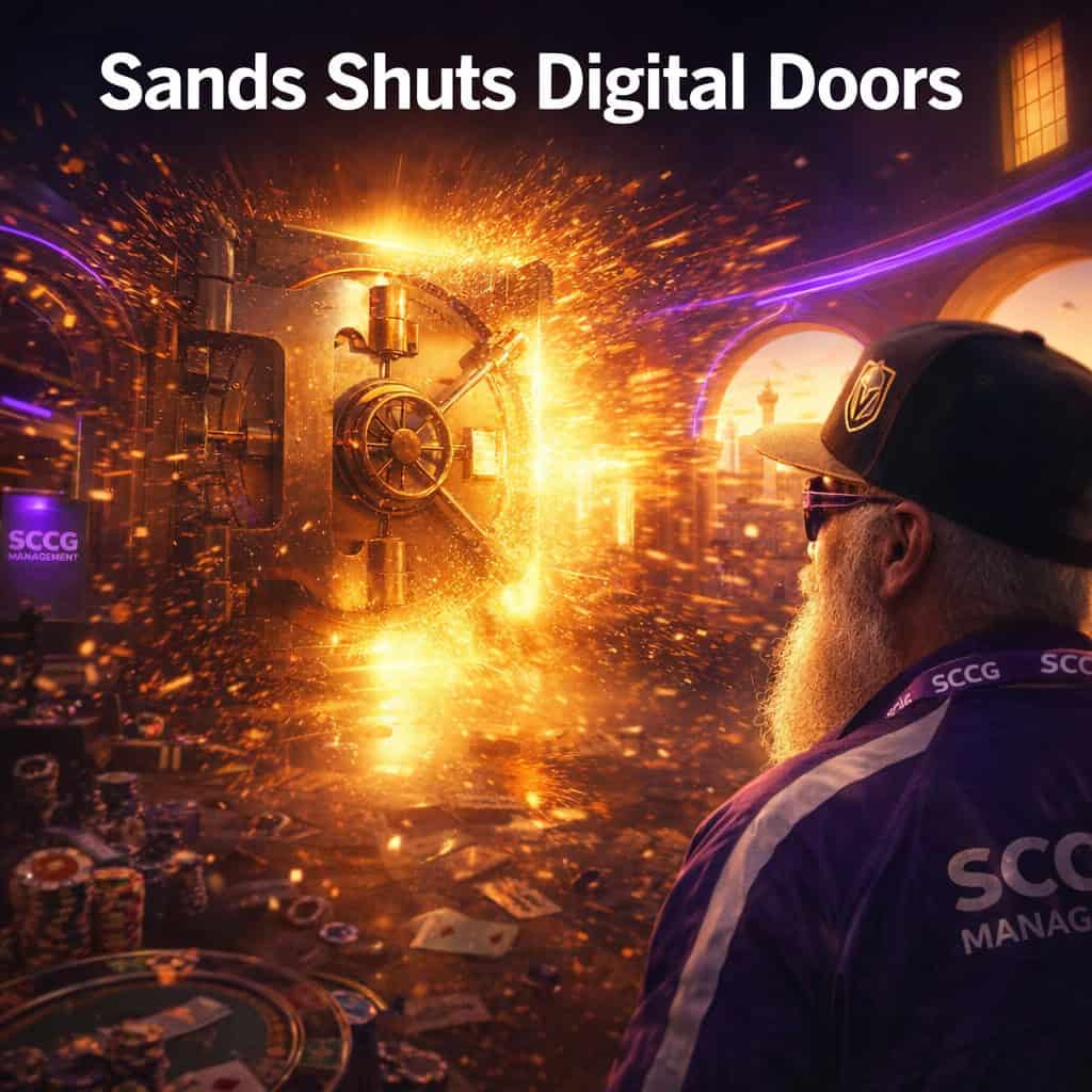 A heavy casino vault door slams shut, scattering glowing digital shards and sealing off an online portal in the background.