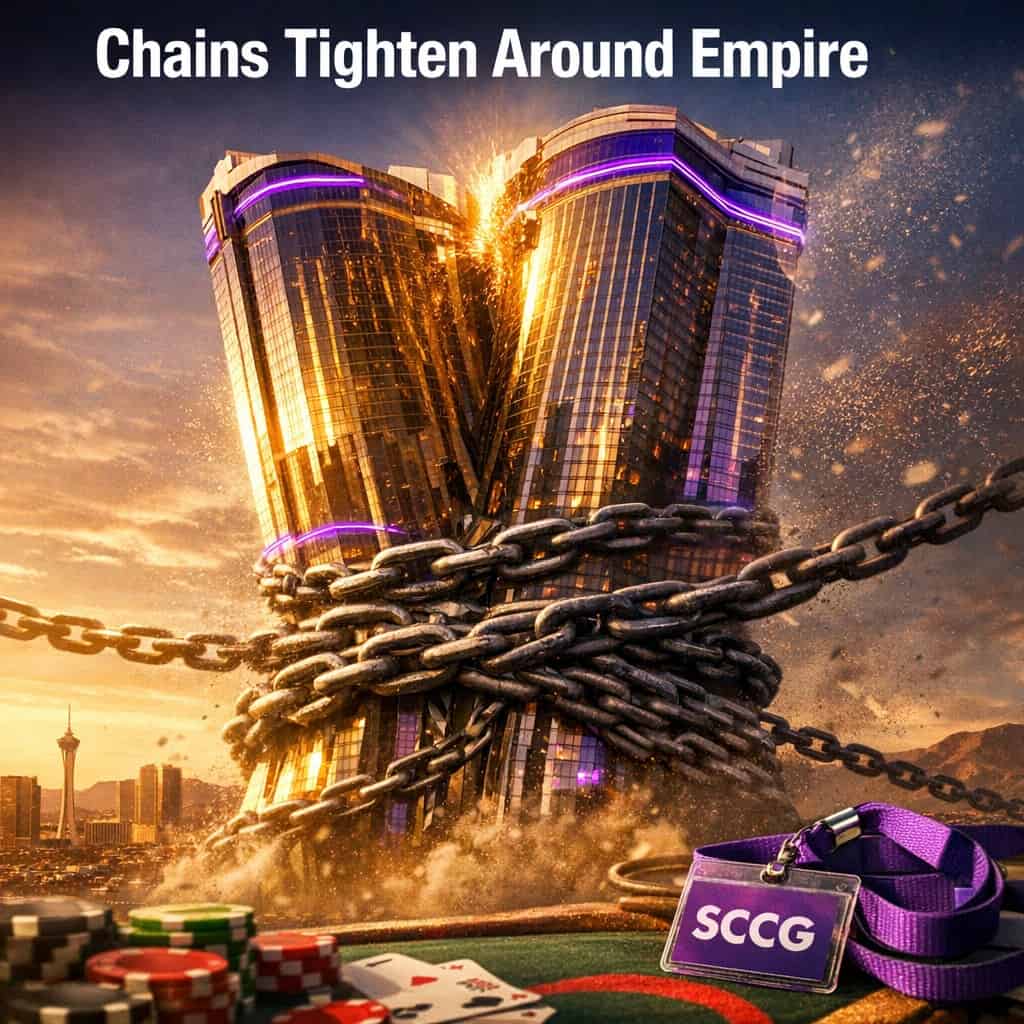 Two colossal casino towers fused together at the skyline while regulatory chains tighten around their bases under a dramatic twilight sky.