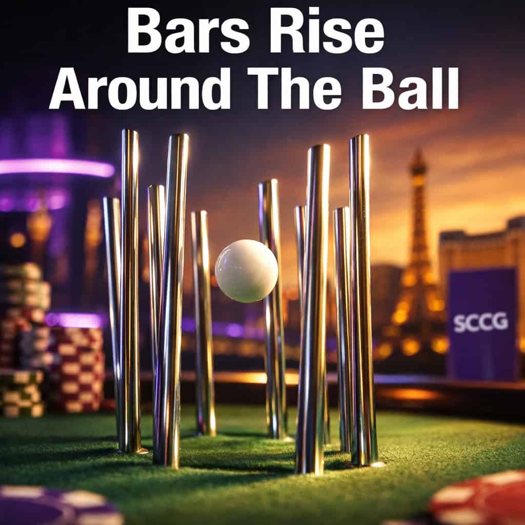 A single roulette ball arcs mid-flight above a glowing chip stack while thin regulatory bars rise sharply from the felt surface.