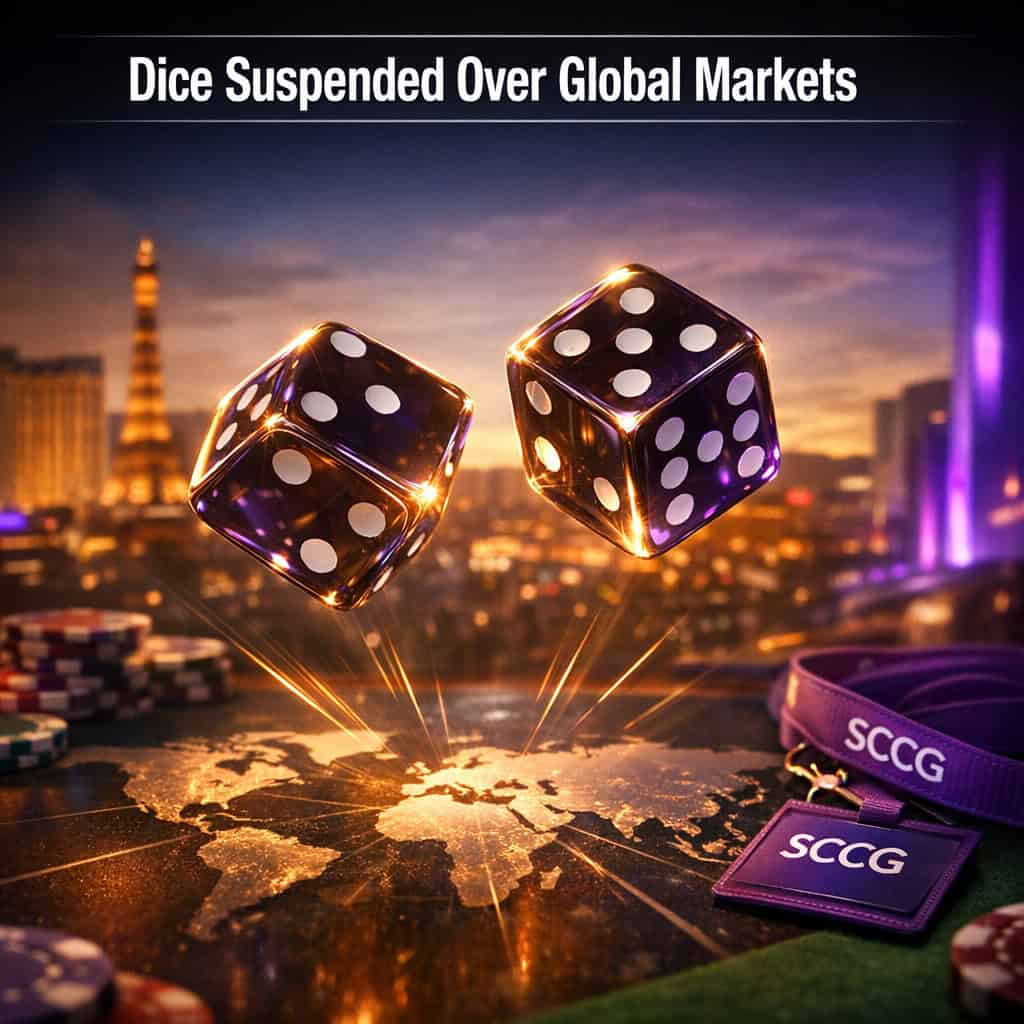 Dice frozen mid-air above a glowing world map with event lines converging at the center.