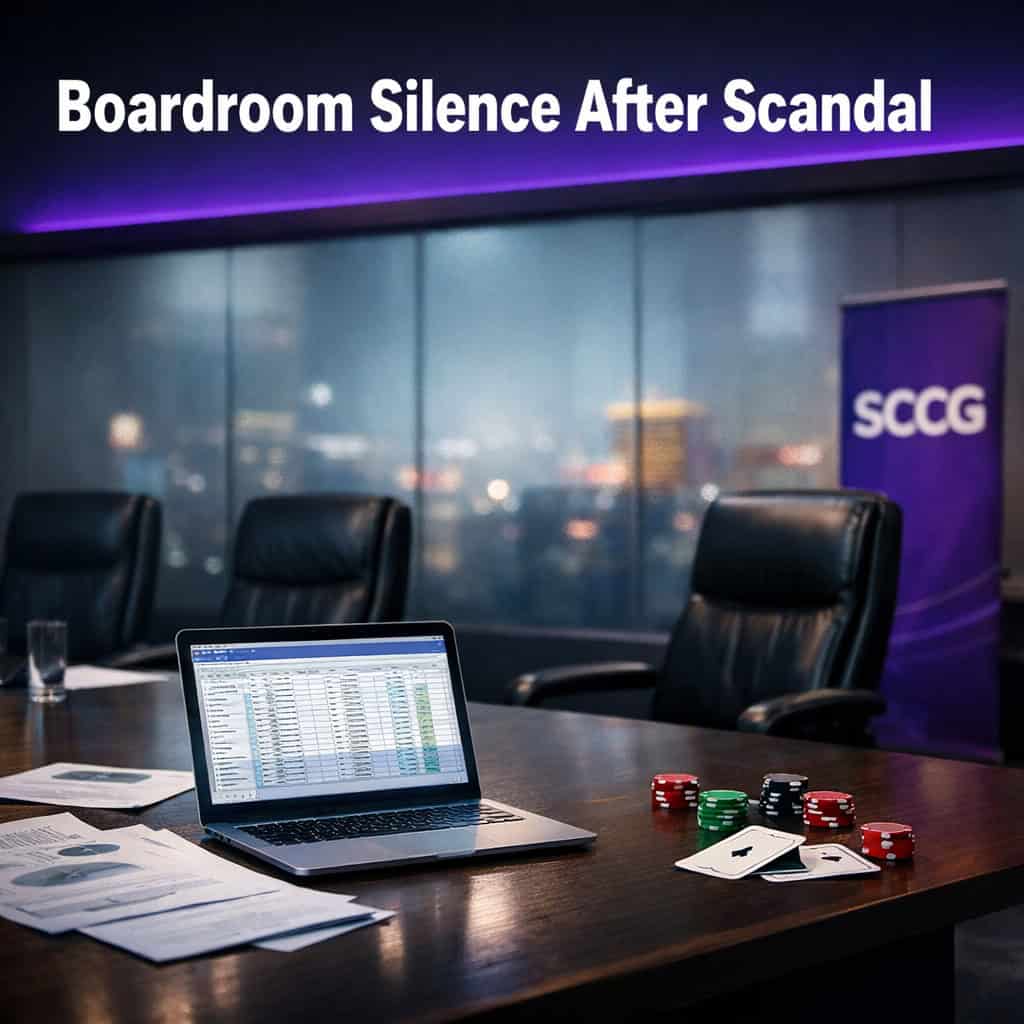 Empty boardroom table with scattered papers and an open laptop under cool overhead lighting, conveying recent departure and unresolved tension.