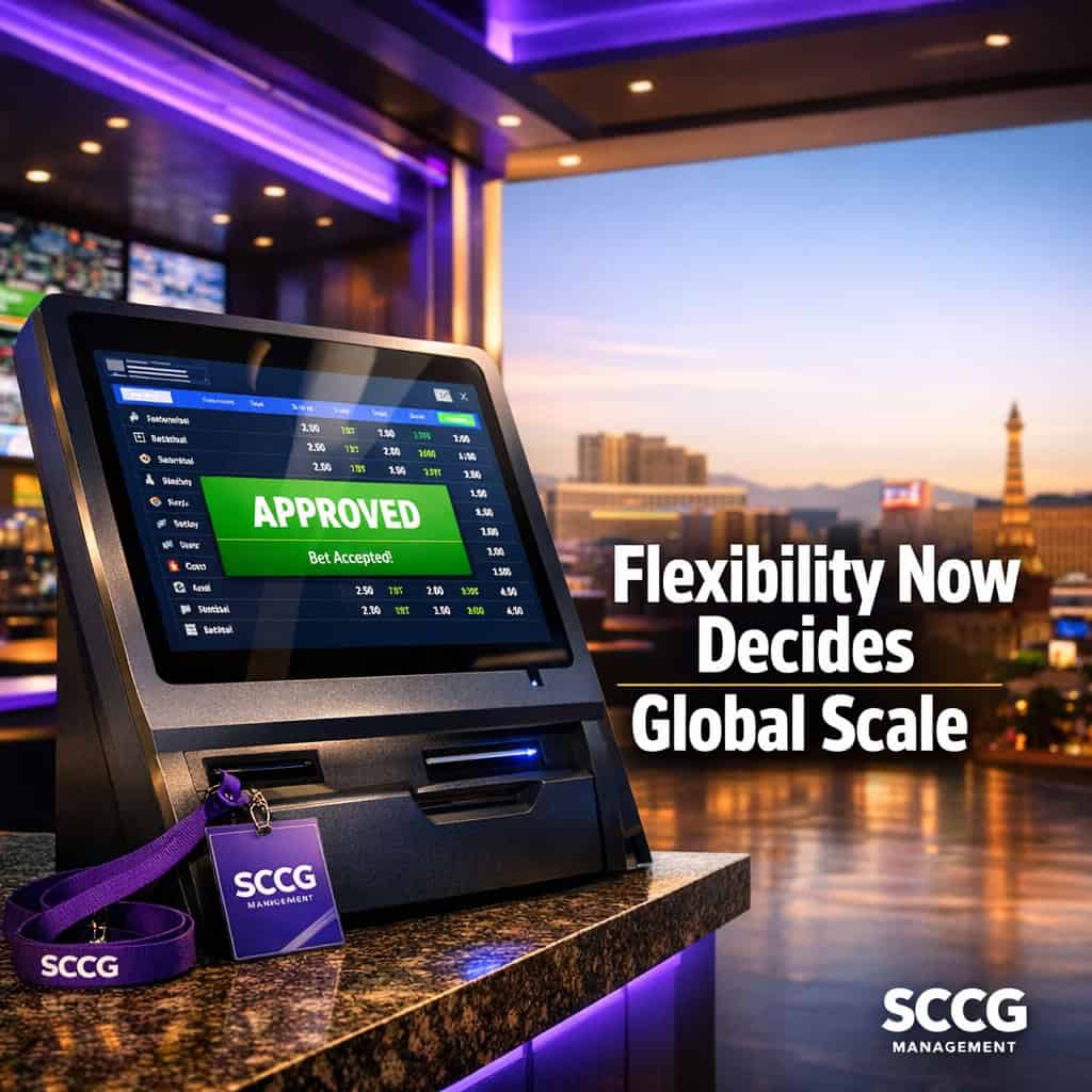 Modern betting terminal screen shows live odds with a green approved transaction on a bright concourse.