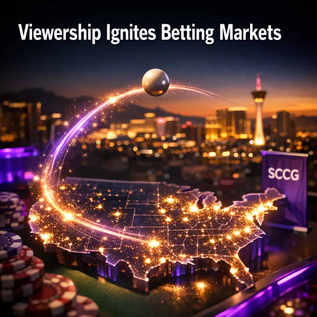 A roulette ball arcs across a glowing map of the United States, leaving trails of light where major cities ignite in sequence.