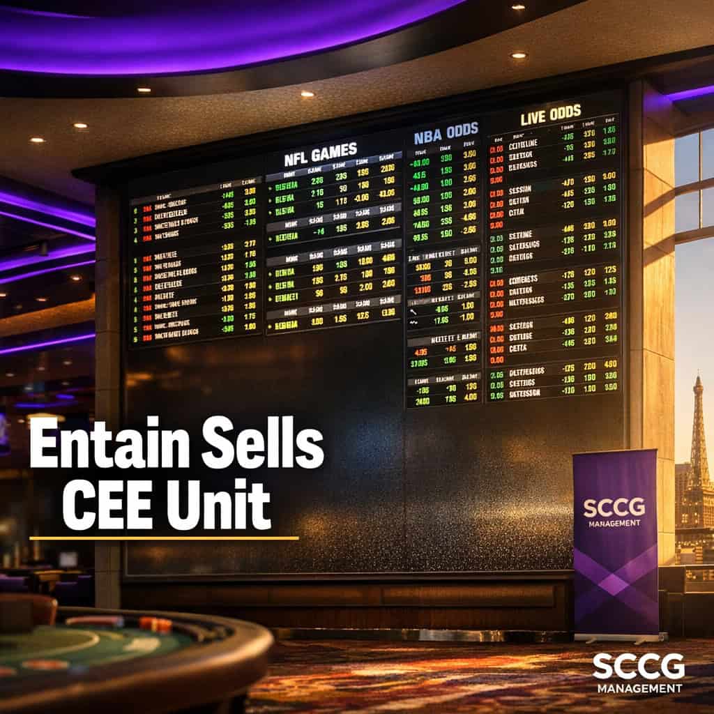 Large illuminated sportsbook odds board displaying live betting markets on a bright casino floor with strong directional light.