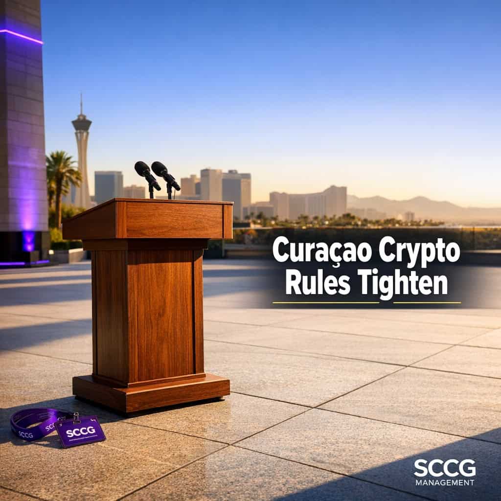 A regulator's wooden podium stands alone in bright daylight on a clean outdoor plaza.