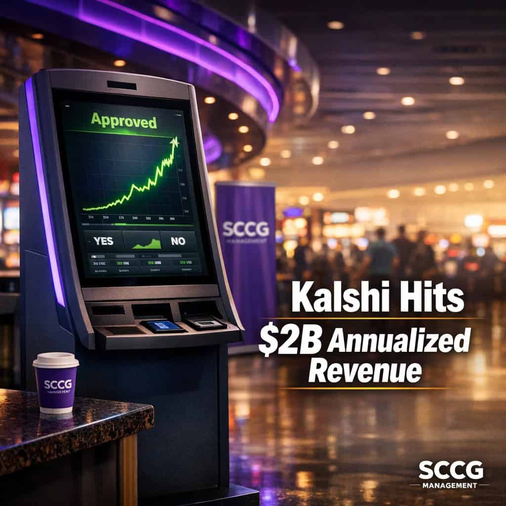 Self-service betting terminal on a stadium concourse shows an approved live prediction-market contract with a rising line under bright directional lighting.
