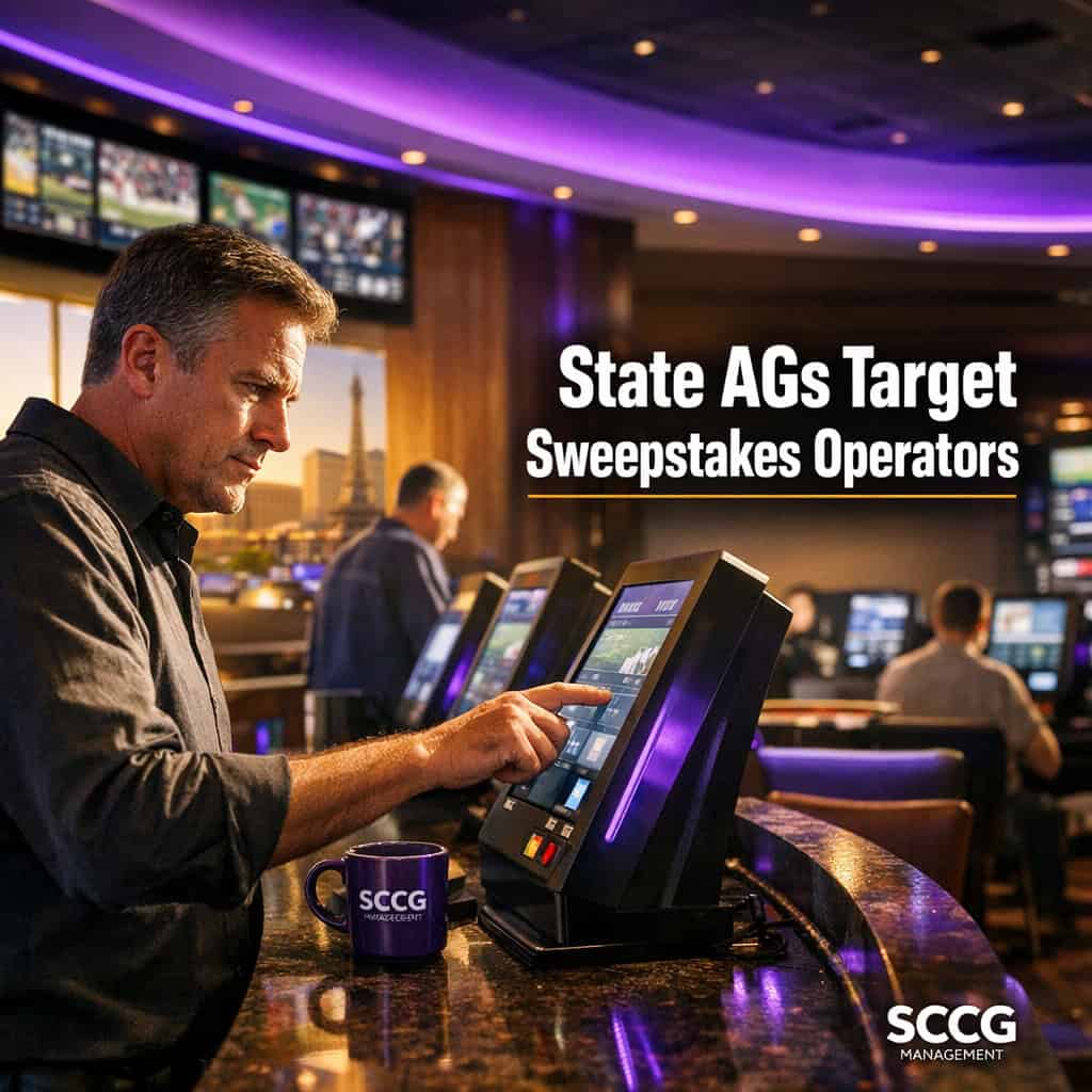 Bright casino sportsbook counter lined with active self-service betting kiosks under strong daylight.