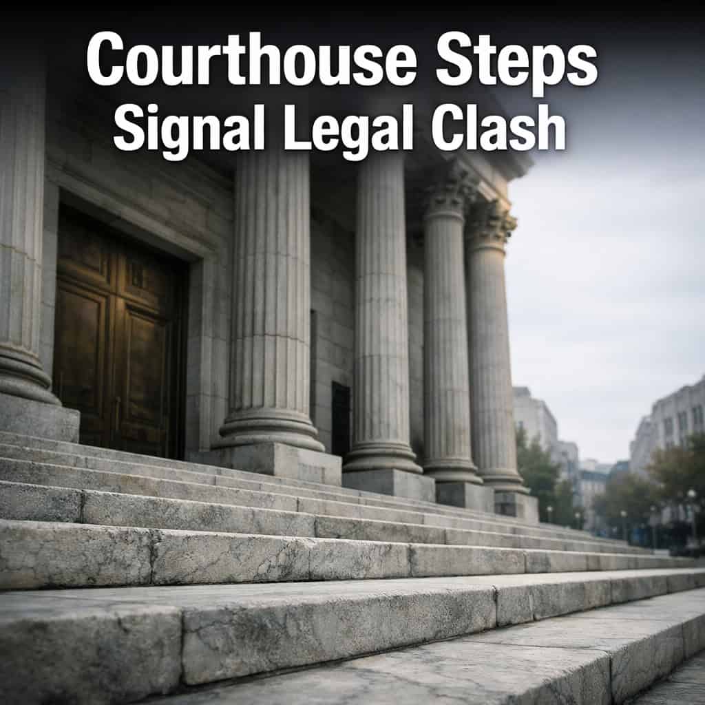 Federal courthouse entrance with marble columns and wide stone steps under overcast daylight.