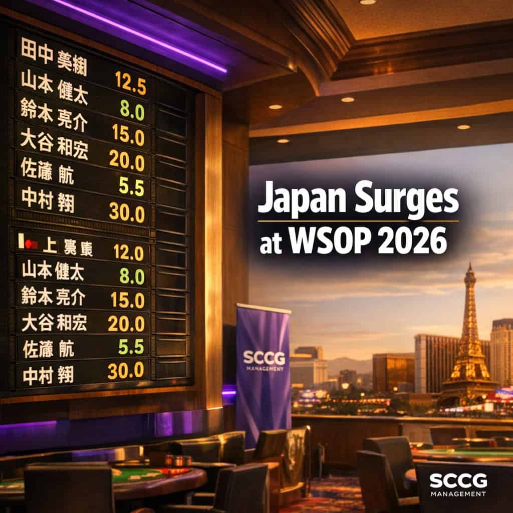 Brightly lit sportsbook odds board in a Las Vegas casino displays Japanese player names and surging results during the 2026 WSOP.