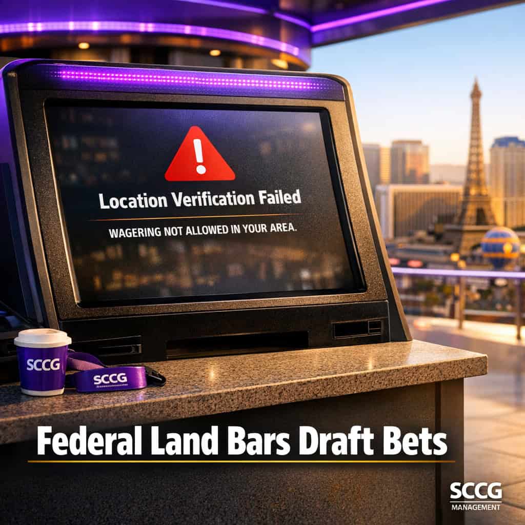 A sports betting terminal screen shows a failed location verification message under bright daylight on an outdoor concourse.