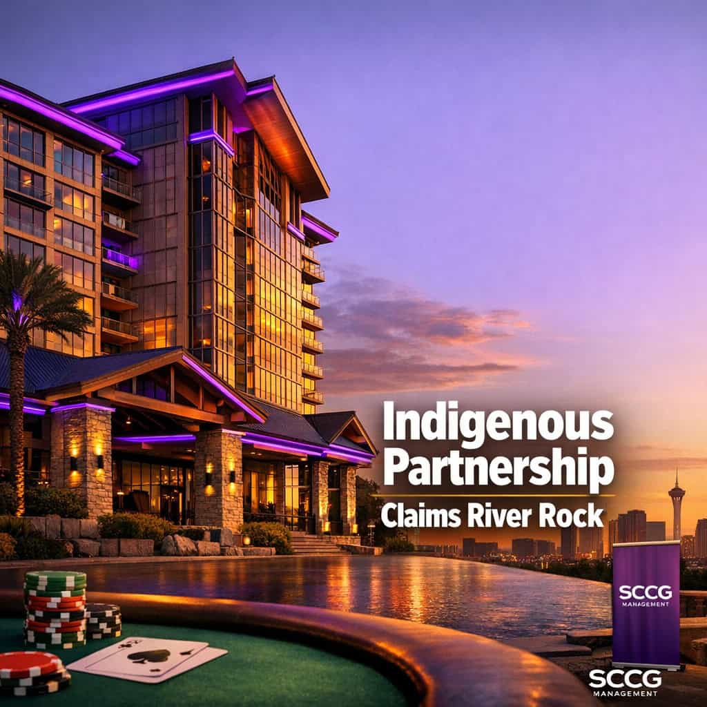 The River Rock Casino Resort building illuminated by golden hour sunlight, conveying the landmark property now under Indigenous-led ownership.