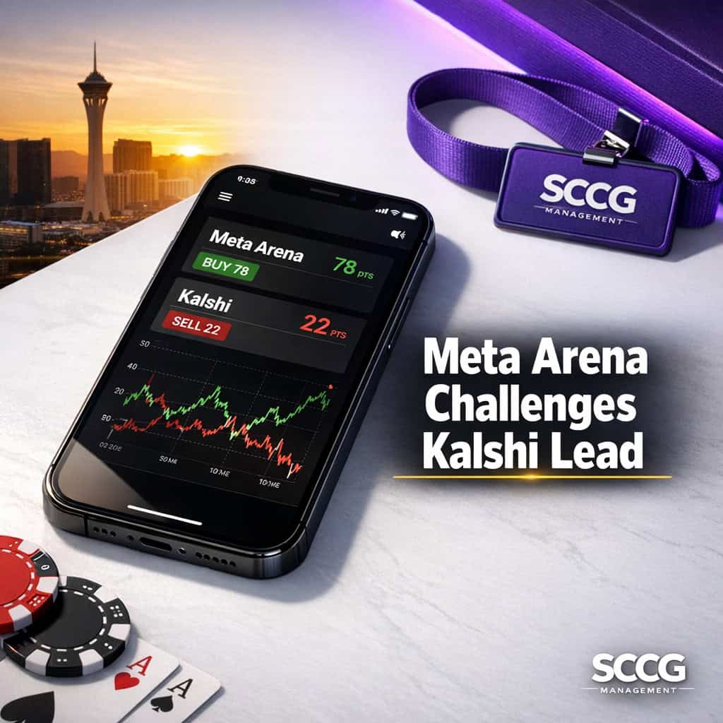 A hand places a live points-based bet on a prediction market terminal screen showing a rising line on a bright casino concourse.